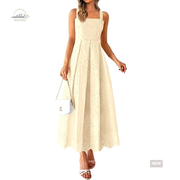 Dresses & Skirts - Sleeveless Maxi Dress with Eyelet Hollow Out Square Neck Ruffle Beach